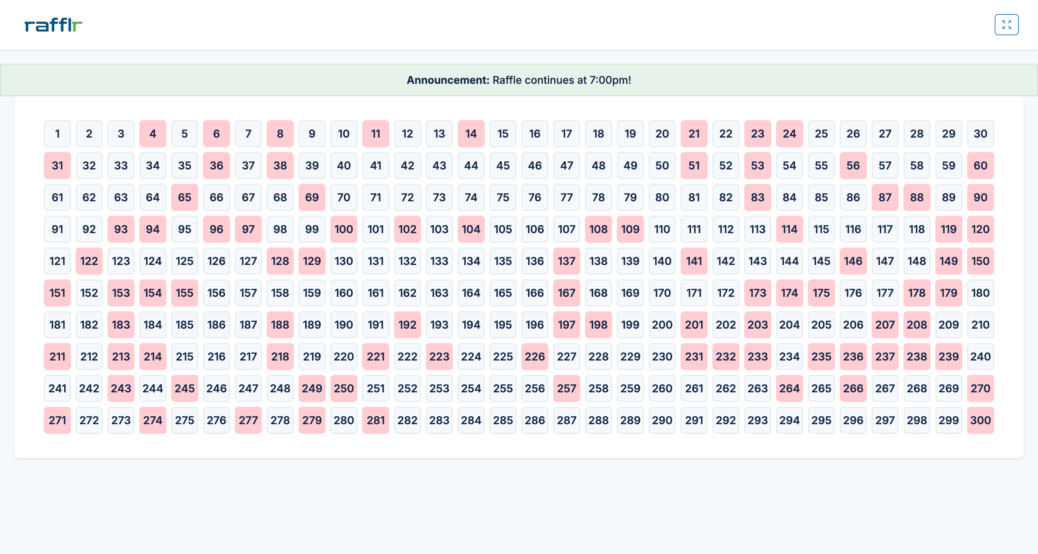 rafflr reverse raffle software screenshot showing professional presenter view with number grid