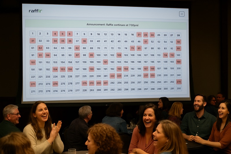 Excited crowd at live raffle drawing event watching digital raffle tool on projector screen